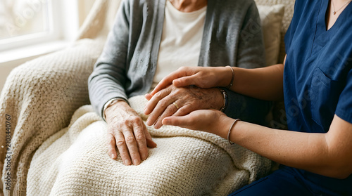 Nurse holding elderly woman's hands, caregiving and compassion, senior home care concept