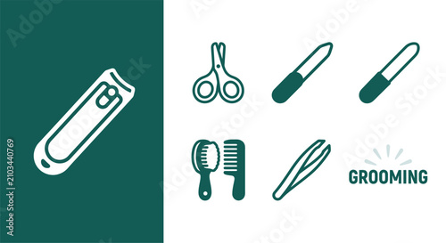 Canvastavla Baby Grooming Kit Icon Set in Dark Teal Monochrome Flat Vector Style featuring Baby Nail Clippers, Scissors, Nail File, Tweezers, and Comb on White Background for Premium Design