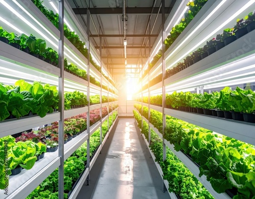 vertical hydroponic farm with stacked layers of fresh greens growing under artificial led lights for sustainable agriculture and food production