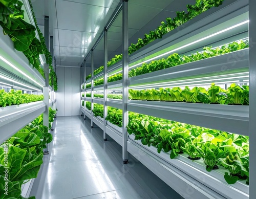 vertical hydroponic indoor farm with lush green lettuce plants under led grow lights for sustainable agriculture and food production