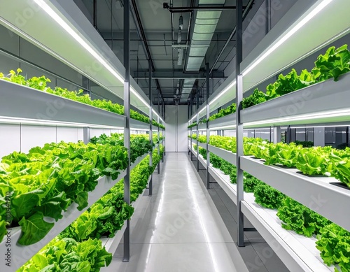vertical indoor farming facility with rows of fresh green lettuce, hydroponic cultivation system, industrial agriculture technology, sustainable food production