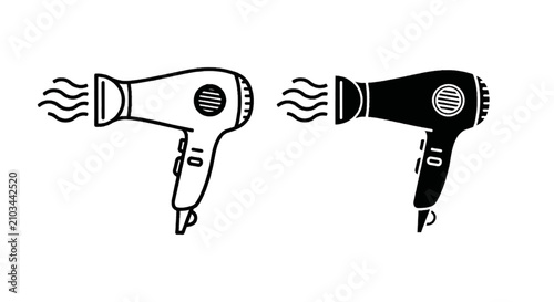 Vector illustration of hair dryer icon set, vector illustration of hair dryer in outline and solid on a transparent background