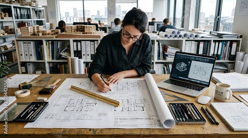 Female architect working hard on blueprints on Labor Day in modern office