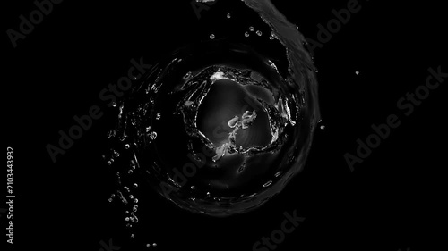 Water circle splash ring with ripples and fluid motion graphics on a black background,  