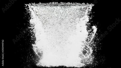Heavy waterfall cascade rushing down on a black background, realistic fluid motion graphic overlay.