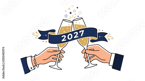 Two Hands Toasting Champagne Glasses with 2027 Banner Happy New Year Flat Vector Card