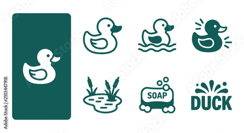 Canvas-taulu Minimal monochrome dark teal rubber duck icon set including bath toy, duck float, squeaky toy, pond, soap, and splash text