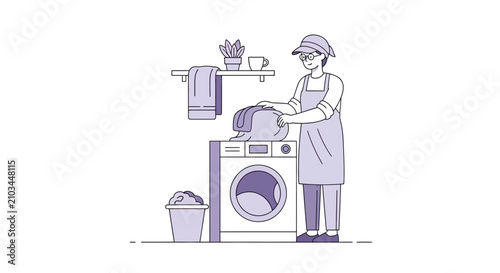 Cuadro en lienzo Person loads laundry into a washing machine with a hamper and shelf nearby