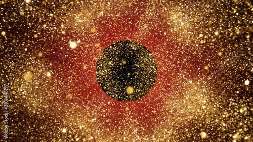 Golden starburst firework explosion on dark red gradient background.