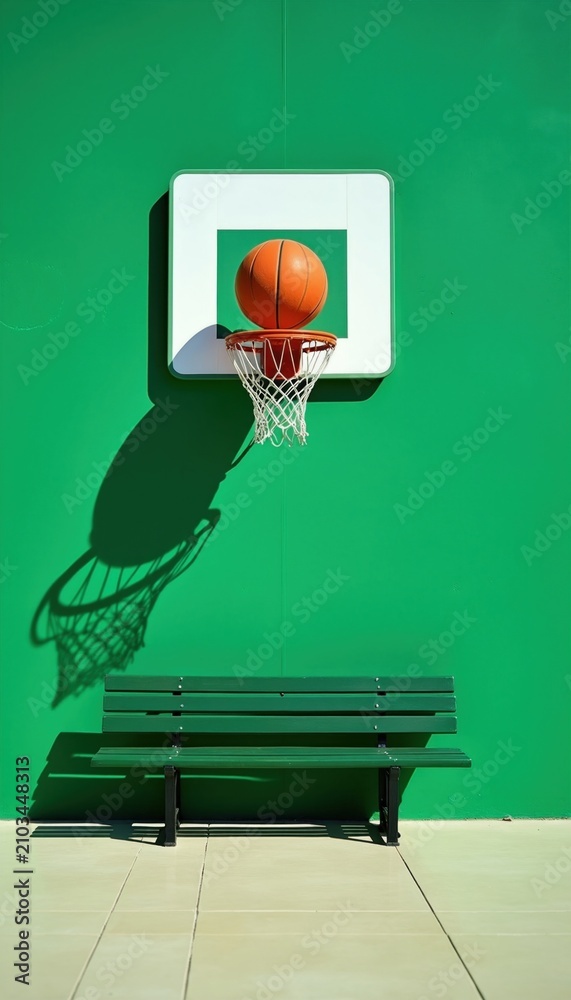 Obraz premium Orange basketball sits inside metal hoop on bright green wall. Empty wooden bench stands below net on outdoor court. Sun light casts sharp dark shadow against surface. Street sport gear provides fun
