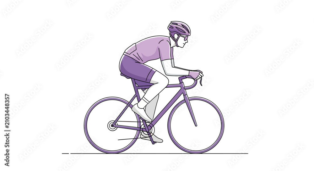 Obraz premium A figure in purple cycling gear rides a purple bicycle on a white background