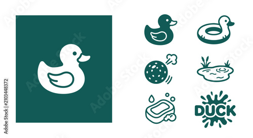 Canvastavla Monochrome Dark Teal Rubber Duck Icon Set Featuring Flat Vector Clipart of Bath
