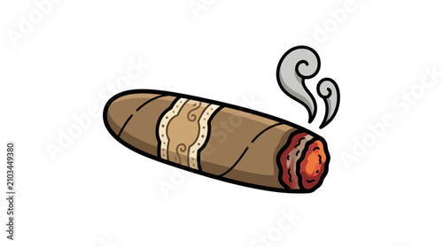 Smoking cigar with smoke wisps, isolated on white background, cartoon style