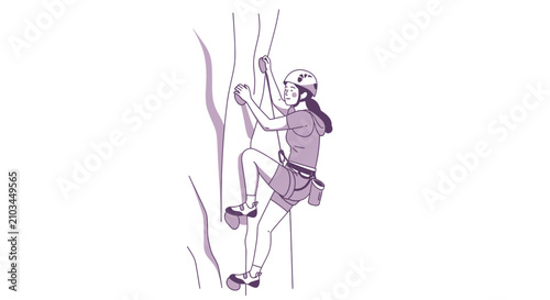 Photos Woman in helmet ascends a vertical rock wall, gripping handholds