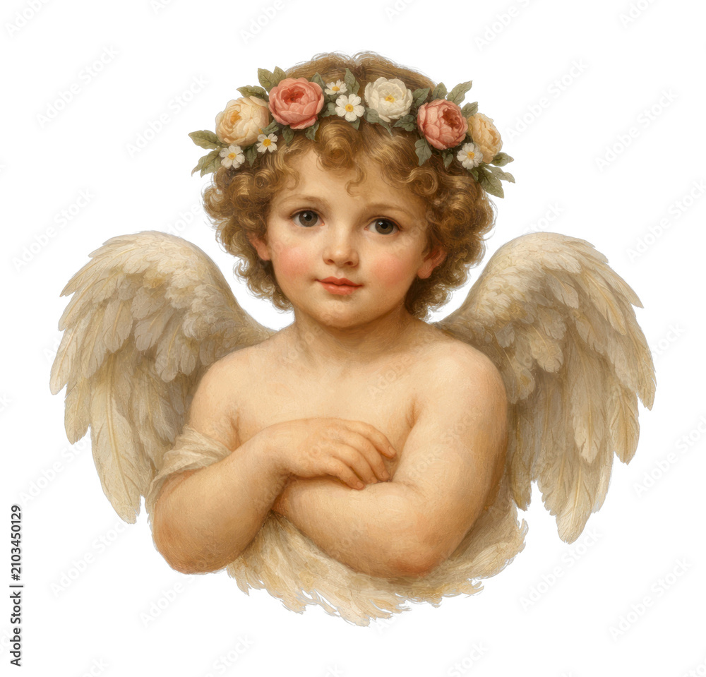 Obraz premium PNG Cherubic angel with floral crown.