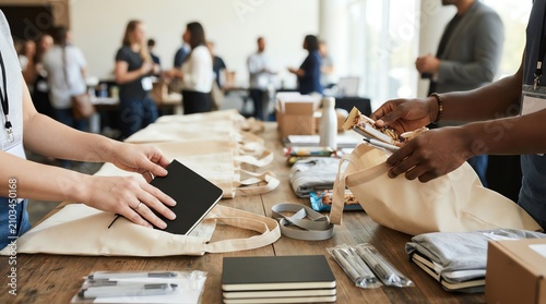 Hands packing promotional swag bags with notebooks and gifts at a business conference event