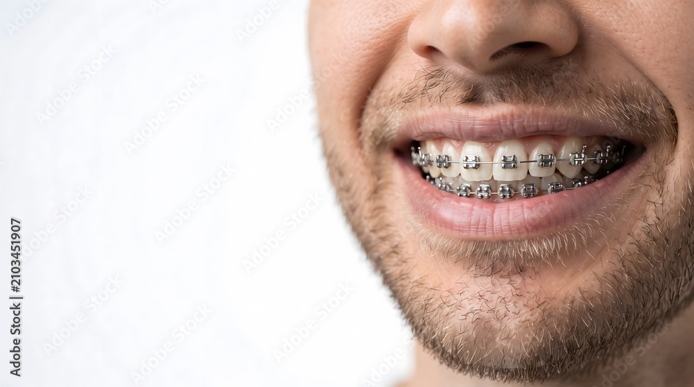 Fototapeta premium Close-up of a young man smiling and showing metal dental orthodontic braces