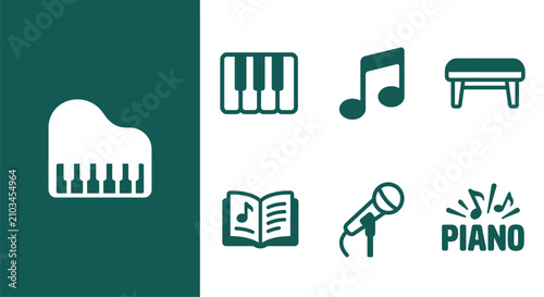 Bild auf Leinwand Minimalist monochrome dark teal toy piano icon set featuring flat vector designs of keyboard keys, musical notes, piano bench, songbook, microphone, and logo text on a white background