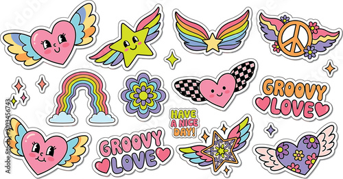 Cute retro hippie sticker vector set featuring colorful 1970s style flying hearts stars rainbows and groovy love typography patches.