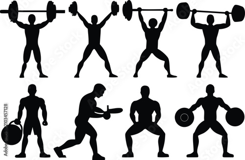 Obraz na płótnie Set of silhouettes of people lifting weights in gym Vector