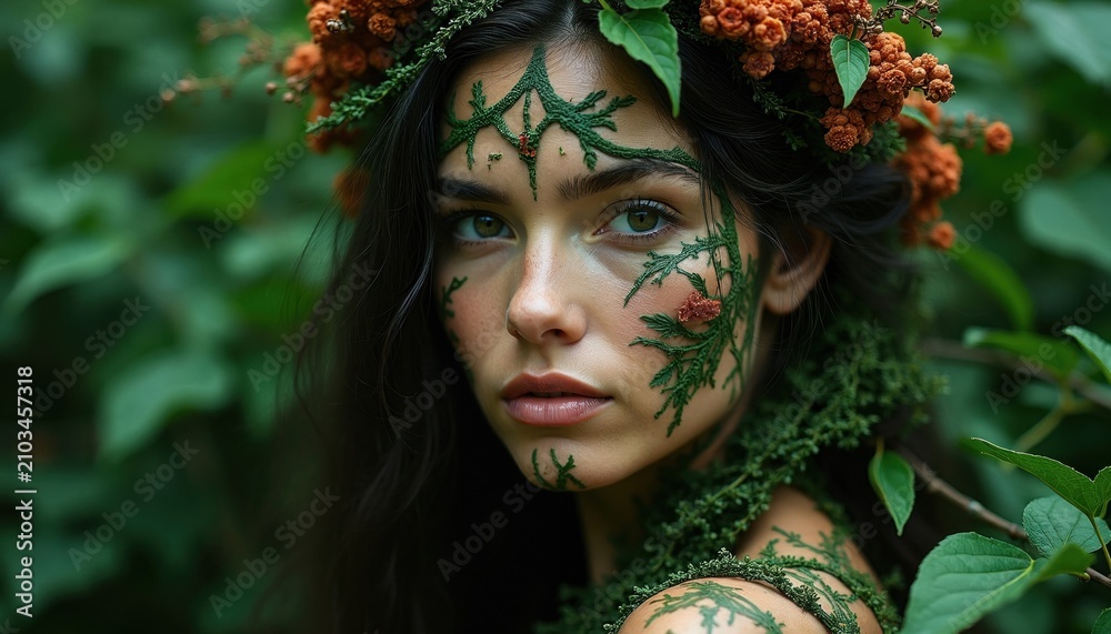 Obraz premium Young woman with face art in forest setting wears floral crown made of leaves, berries. Natural skin makeup features vine patterns on forehead, cheeks. Earth goddess personification look embodies