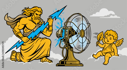 Fotografía Muscular Zeus with Lightning Bolt Powers Vintage Fan, Sad Cupid Holds Leaf, Flat