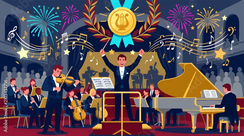 Foto Triumphant Symphony Orchestra Performance with Conductor, Violinist, Pianist, an