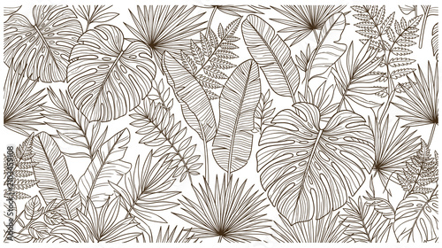Tropical jungle leaf illustration featuring monstera palm and fern fronds in vintage brown.