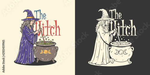 Obraz na plátně Vintage Halloween Witch Stirring Magic Cauldron With Mystical Potion