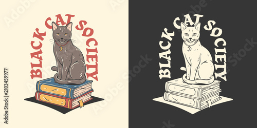 фотографія Vintage Black Cat Sitting on Stacked Books With Crescent Moon Collar