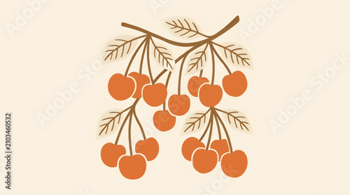 Fotografía Stylized Flat Illustration of Plump Orange Cherries on Brown Branch with Beige L