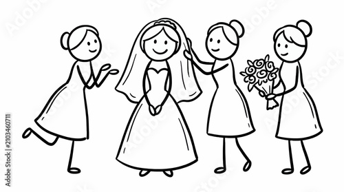 Bild auf Leinwand Happy Bride and Bridesmaids in Doodle Line Art Style, Wedding Preparation Scene
