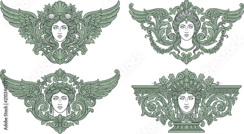 Set of vintage baroque architectural ornaments featuring winged goddess portraits ornate stone carvings and classical relief sculpture elements