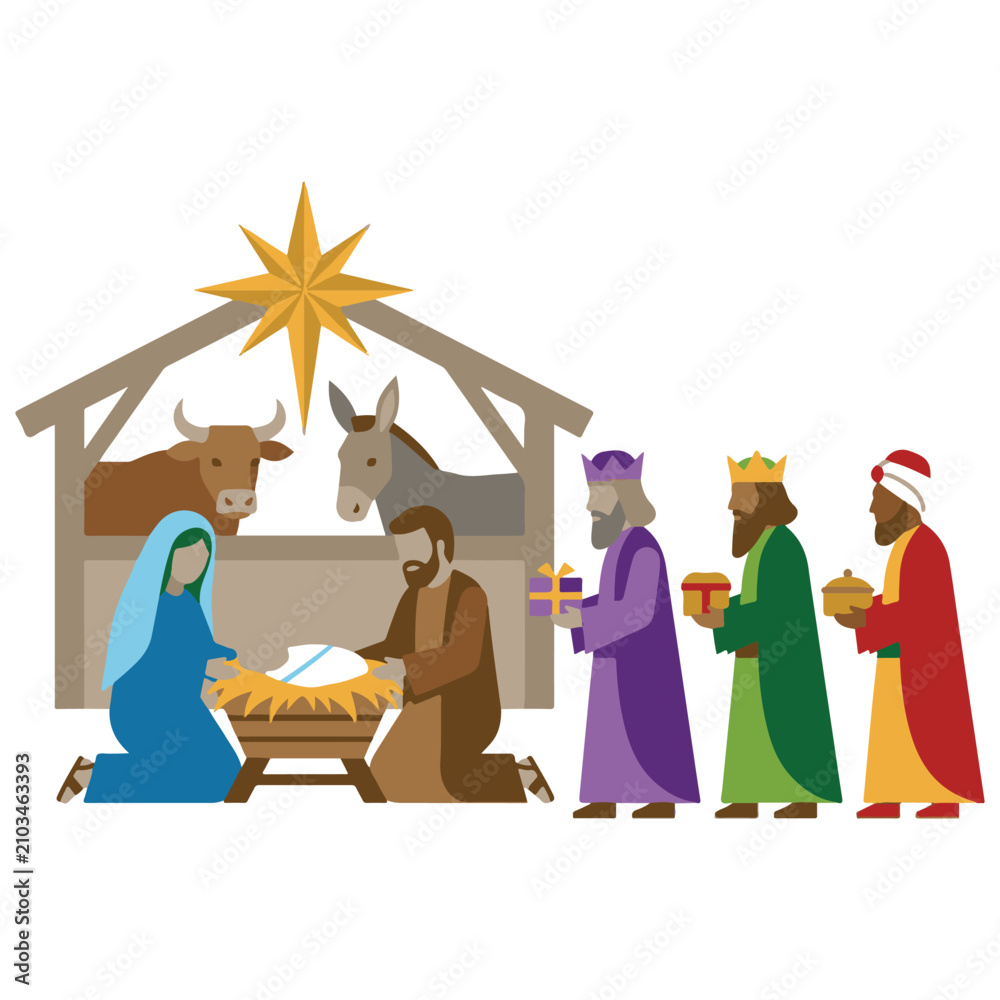 Naklejka premium Nativity scene with holy family and three wise men in stable nativity christmas religion christianity