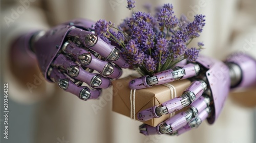 Realistic Robotic Hands Holding Lavender Flowers in Gift Box