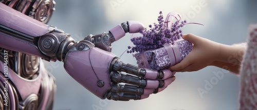 Ultra Photoreal Macro Close-Up of Lavender Gift in Robotic Hand