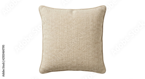 A single beige linen throw pillow centered on a clean white background, captured in a minimalist studio style with a soft neutral mood.