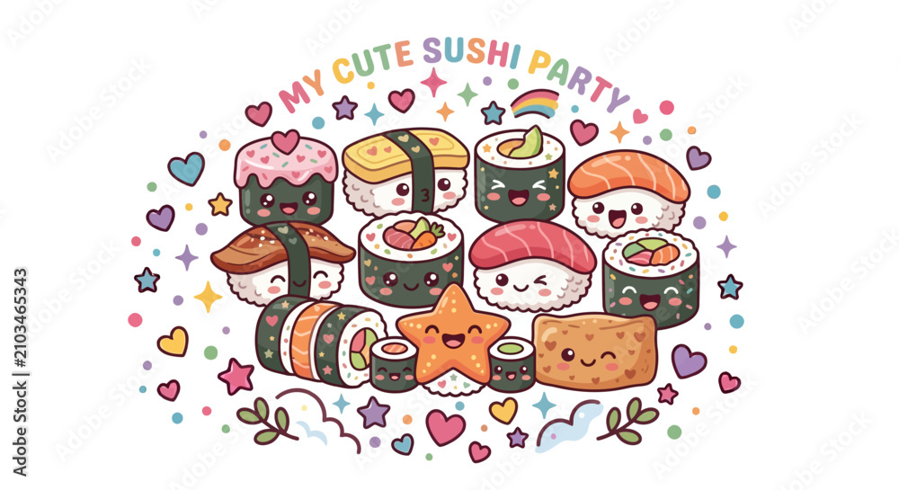 Naklejka premium Cute kawaii sushi food character vector set
