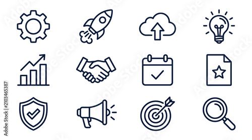 Black outline business strategy and startup icon set.