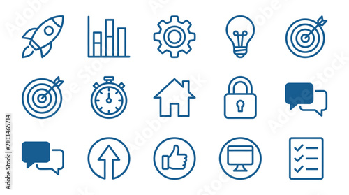 Blue outline icons for startup and technology projects.