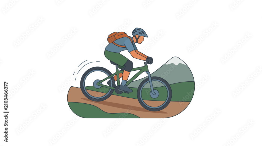 Obraz premium Mountain Biker Riding Downhill on Forest Trail with Peak Background Flat Vector Illustration