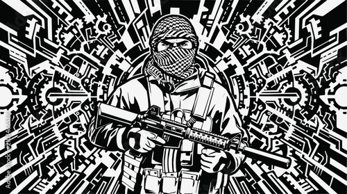 Tactical Soldier Wearing a Keffiyeh Holding an Assault Rifle, Modern Warrior Illustration with Abstract Mechanical Background and High Contrast Design