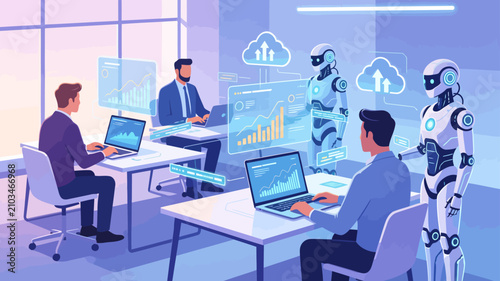 Flat vector illustration of a futuristic office with human professionals and humanoid AI robots working together on computers and cloud data.