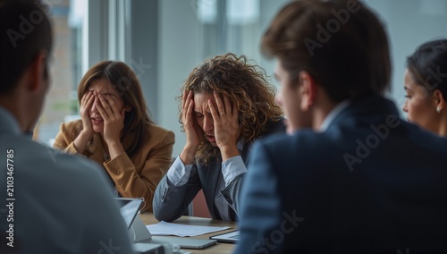 Business meeting participants express distress and frustration during a difficult discussion