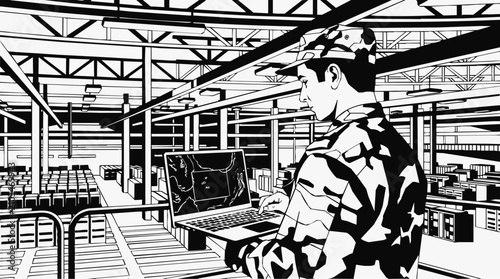 A Soldier managing military logistics on a laptop inside a large industrial warehouse during strategic supply chain operations.