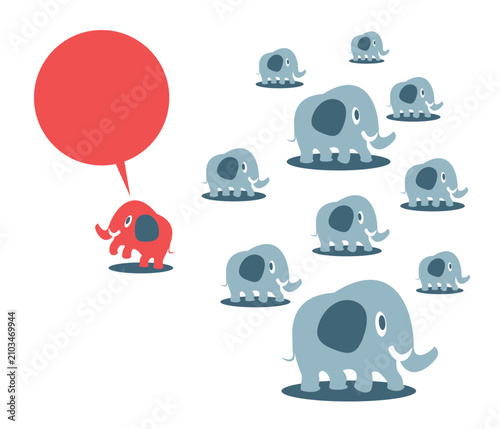 Fotografía Flat vector of a standout red elephant speaking with a blank speech bubble, separated from a grey herd