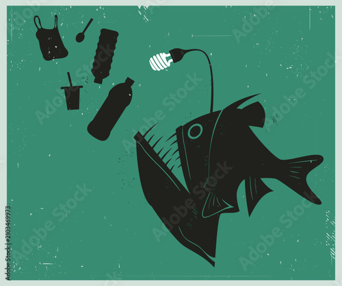 Grunge linocut style illustration of an anglerfish swallowing plastic bottles and bags under a glowing light bulb lure. For ocean pollution, environmental conservation, and ecological awareness