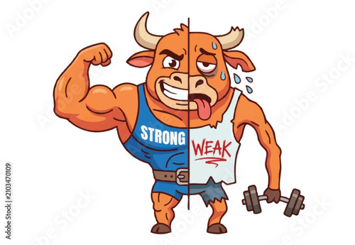 Cartoon muscle mascot showing strong vs weak comparison. Animated bull character lifting weights with split personality illustration.