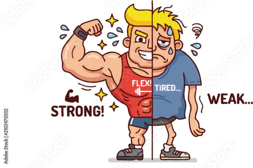 Split personality muscle mascot showing strength vs weakness. Dual character vector illustration of fitness and fatigue in one body.