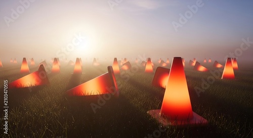 Orange Traffic Cones Illuminated in a Misty Field at Sunrise Mysterious Scene.
